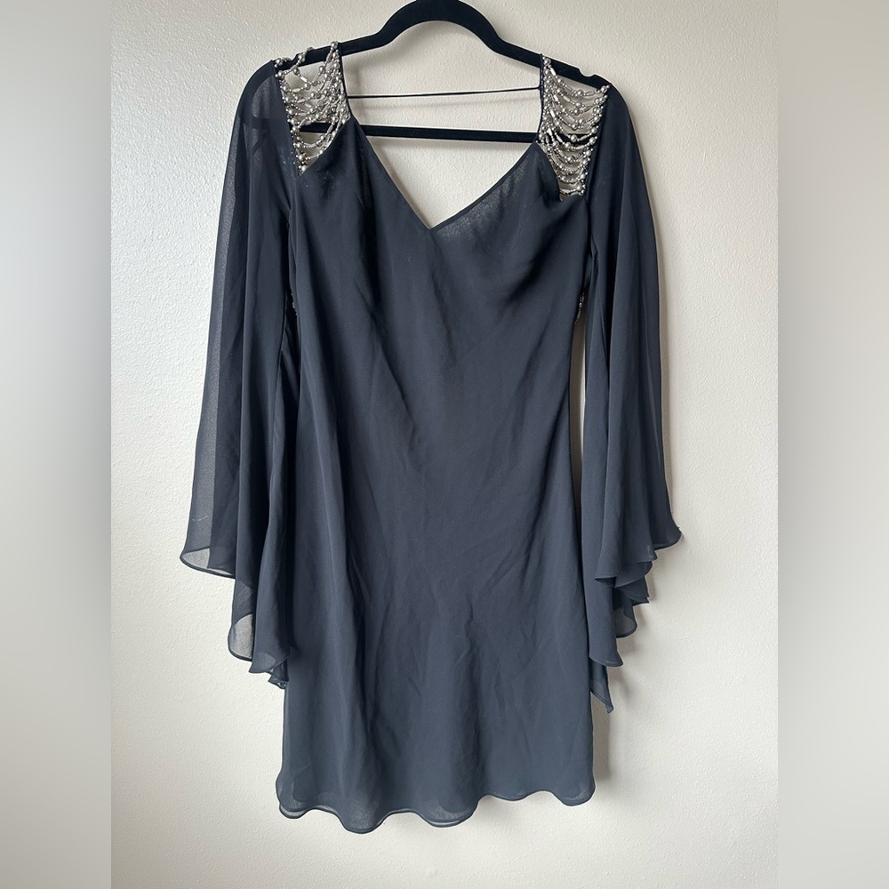 Vintage Black Sheer Silver Studded Bell Open Long Sleeve Mini Dress M